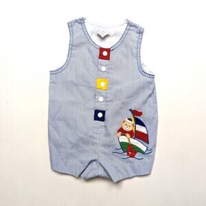 Vintage Romper Baby Boys Size 6-9m Blue Sailboat Applique Nautical